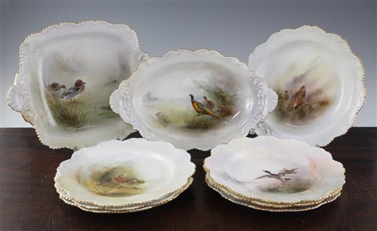 A Royal Worcester game bird painted composed nine piece dessert service, painted by James Stinton, largest dish 12.3in.